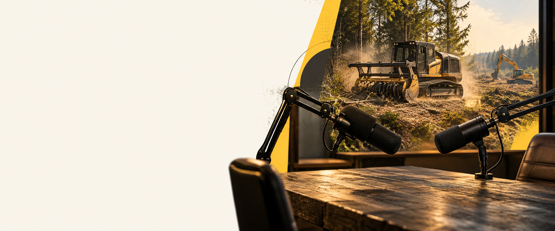 Podcast studio with microphones and land-clearing equipment visible through the windows